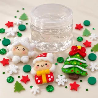 Illustrative clear slime sample jar with loose Christmas tree, gift and snowflake charms nearby