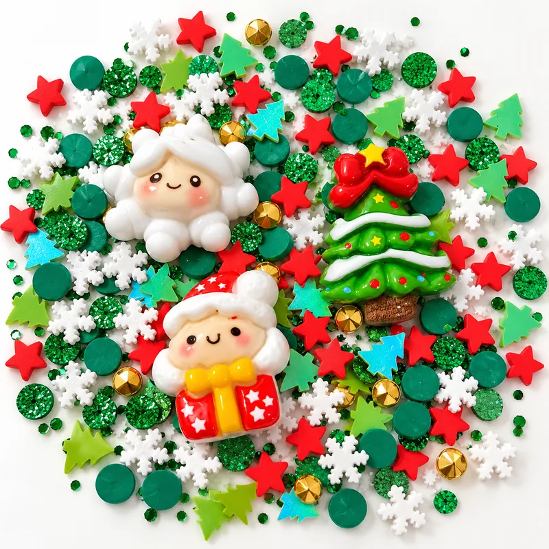 Studio overview of green Christmas tree, gift-holding and white winter figure charms among red stars and snowflakes