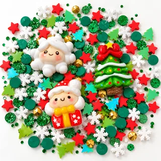 Studio overview of green Christmas tree, gift-holding and white winter figure charms among red stars and snowflakes