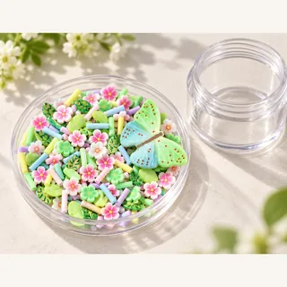 Illustrative sample tray of pastel butterfly flower filler next to an empty unbranded jar