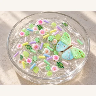 Illustrative clear slime dish topped with pastel butterfly, tiny flowers and pastel filler pieces