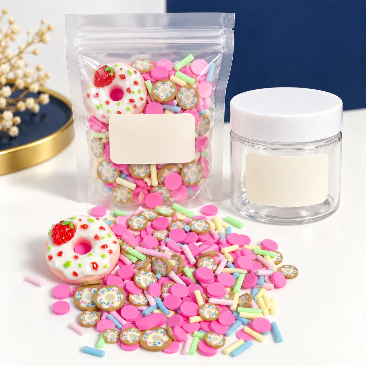 Donut & Pink Sprinkle Filler Mix with a clear pouch and sample jar for private-label packaging, SLM26142