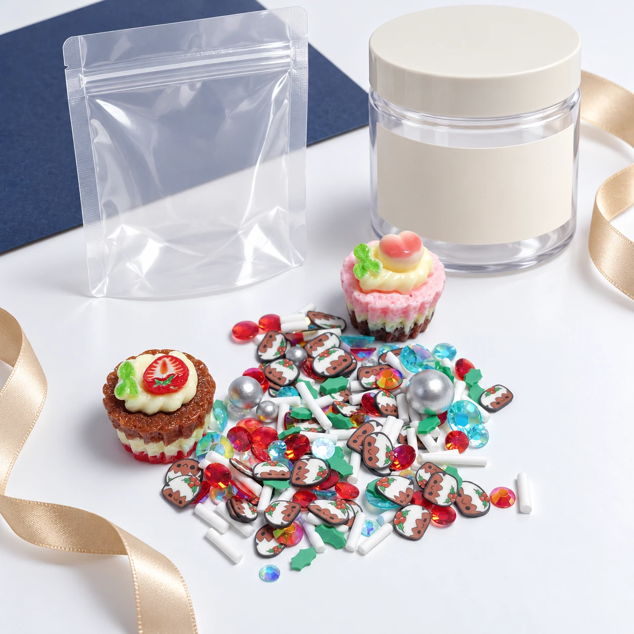 Fruit Cake Charm Filler Mix beside an empty pouch and jar in a private-label packaging concept, SLM26662