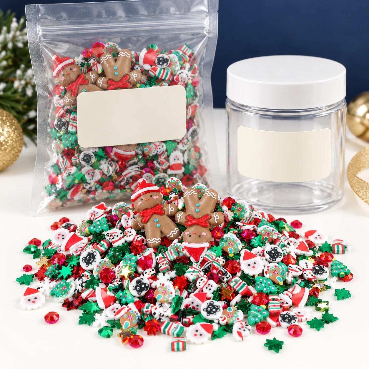 Gingerbread & Christmas Filler Mix with a clear pouch and sample jar for private-label packaging, SLM26529
