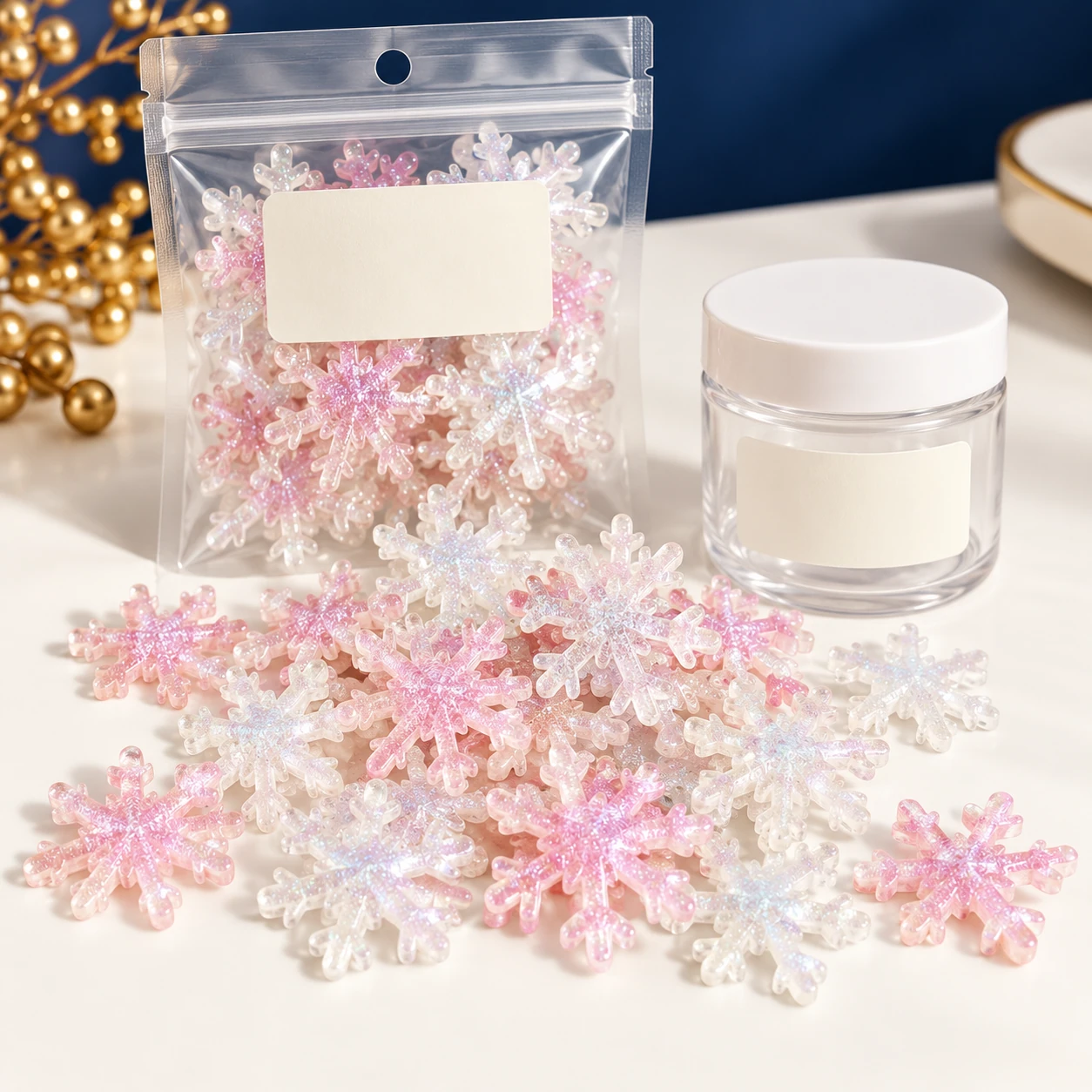 Iridescent Snowflake Resin Charms with a clear pouch and sample jar for private-label packaging, RW24359