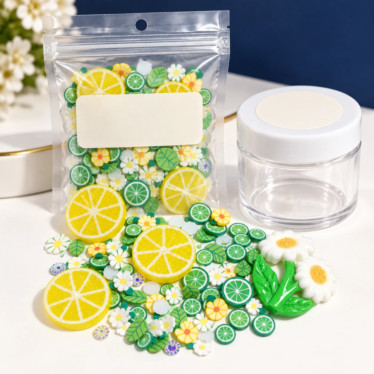 Lemon & Daisy Filler Mix with a clear pouch and sample jar for private-label packaging, SLM002337