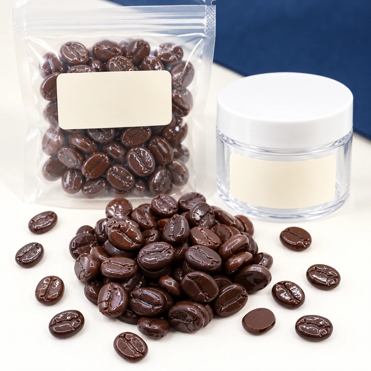 Mini Coffee Bean Resin Charms with a clear pouch and sample jar for private-label packaging, RW404