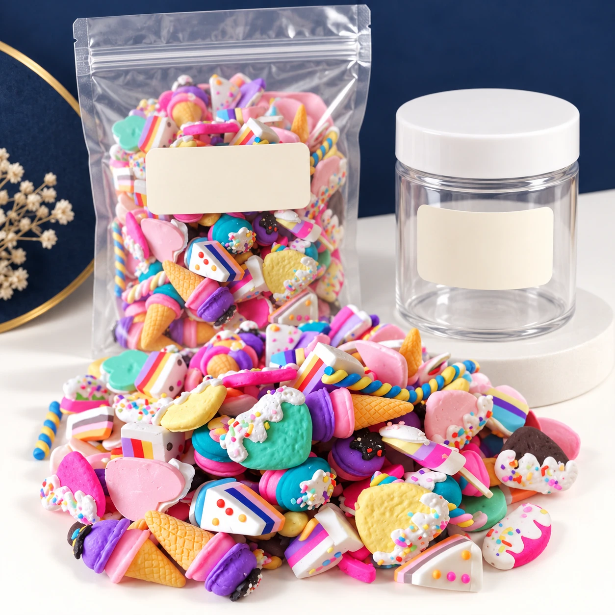 Mini Dessert Charm Assortment with a clear pouch and sample jar for private-label packaging, RW2504-YX416