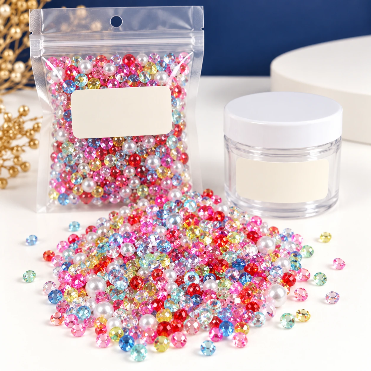 Multicolor Faceted Plastic Fillers with a clear pouch and sample jar for private-label packaging, YX3242