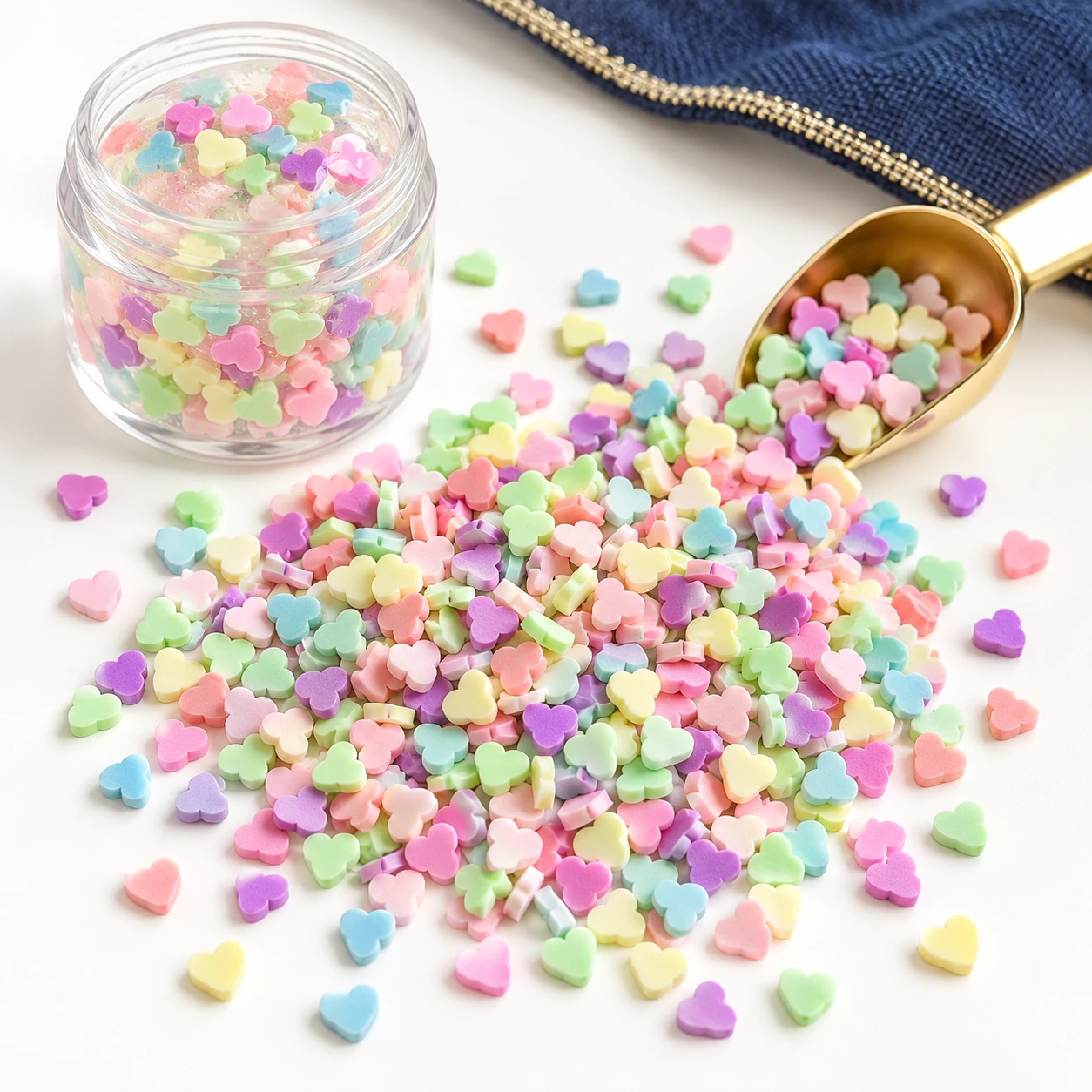 Pastel Heart Polymer Clay Slices in a slime-workspace concept, YX3906