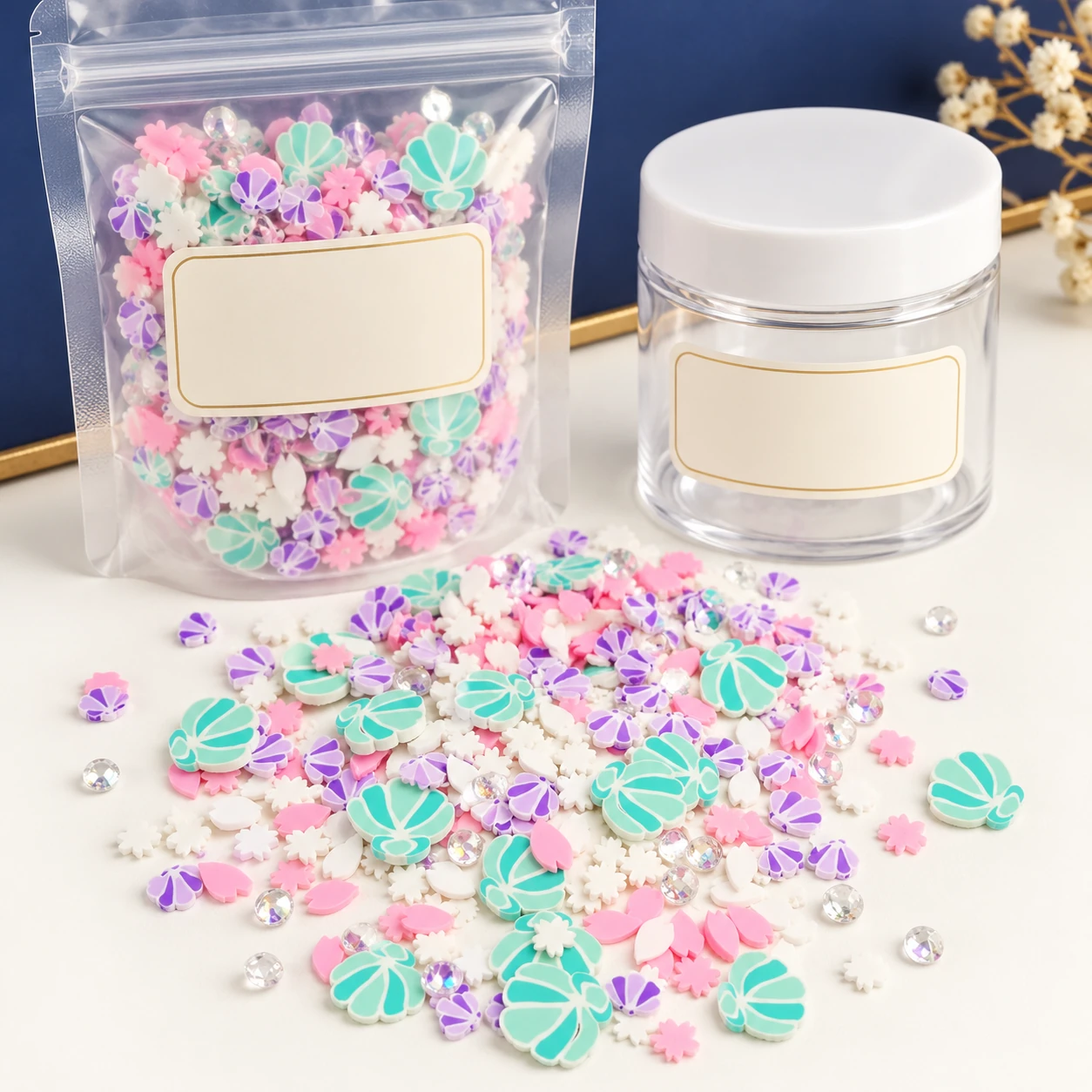 Pastel Shell Polymer Clay Slice Mix with a clear pouch and sample jar for private-label packaging, YX720
