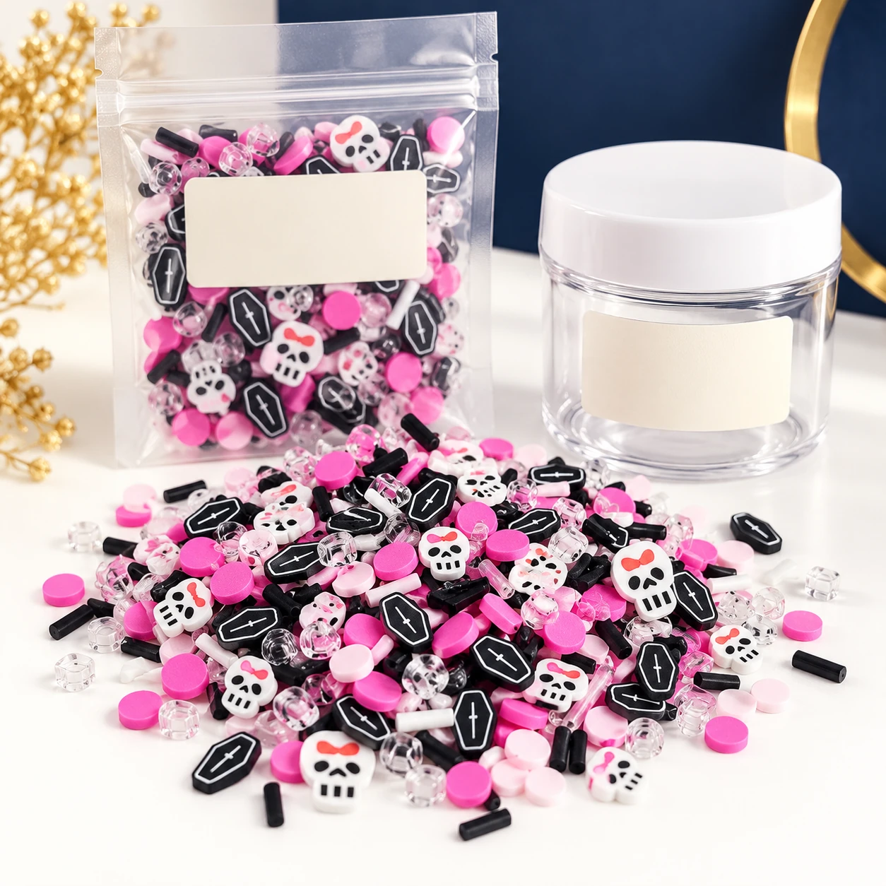 Pink & Black Halloween Clay Slices with a clear pouch and sample jar for private-label packaging, YX3803