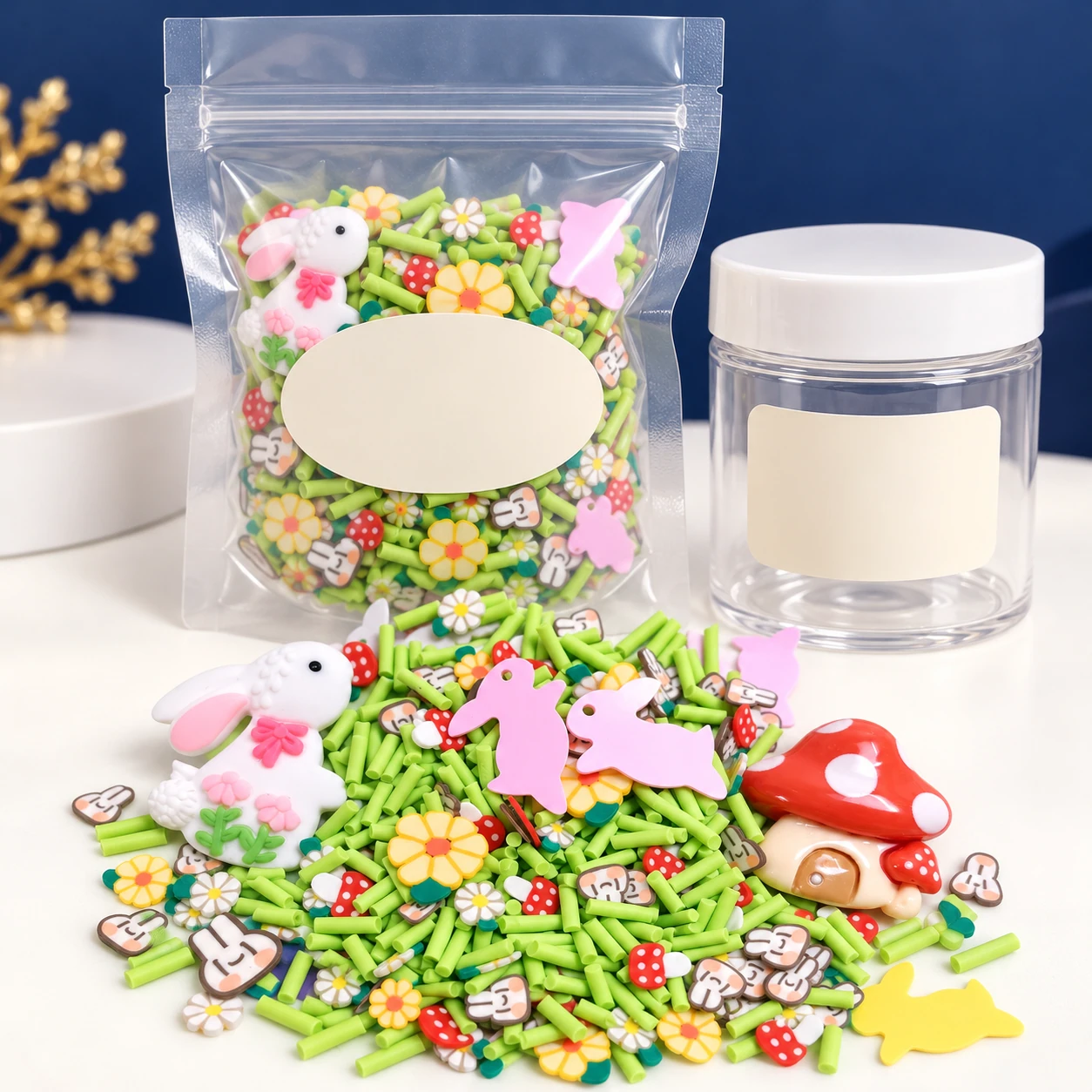 Rabbit & Mushroom Garden Filler Mix with a clear pouch and sample jar for private-label packaging, SLM004231