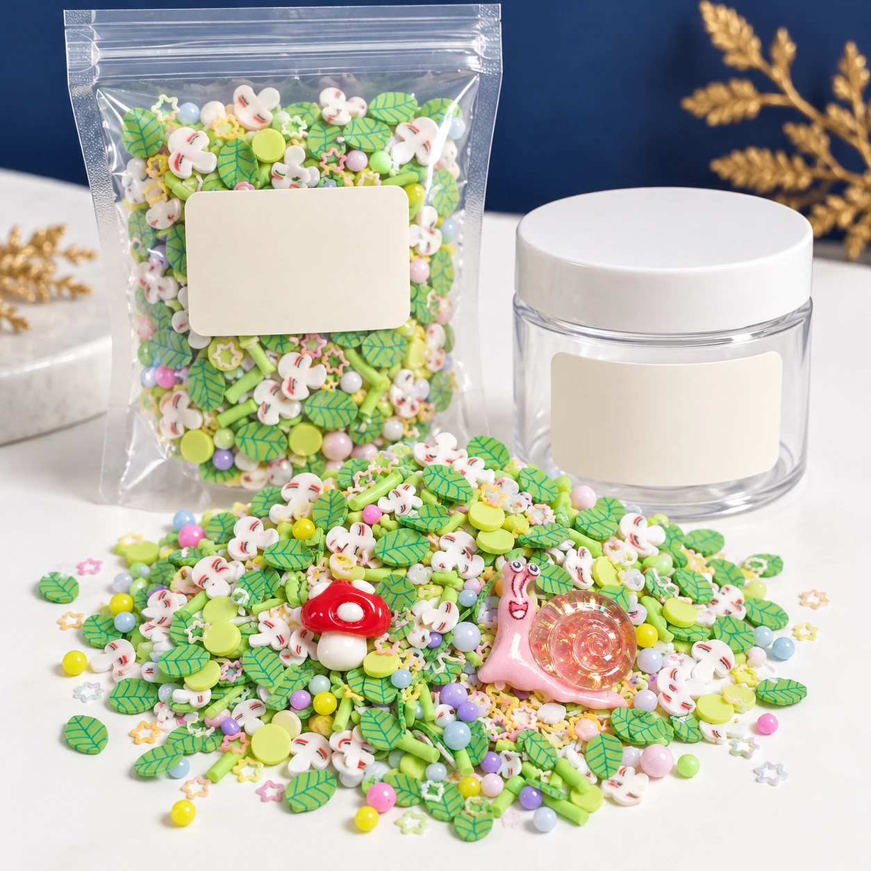Snail & Mushroom Woodland Filler Mix with a clear pouch and sample jar for private-label packaging, SLM004074