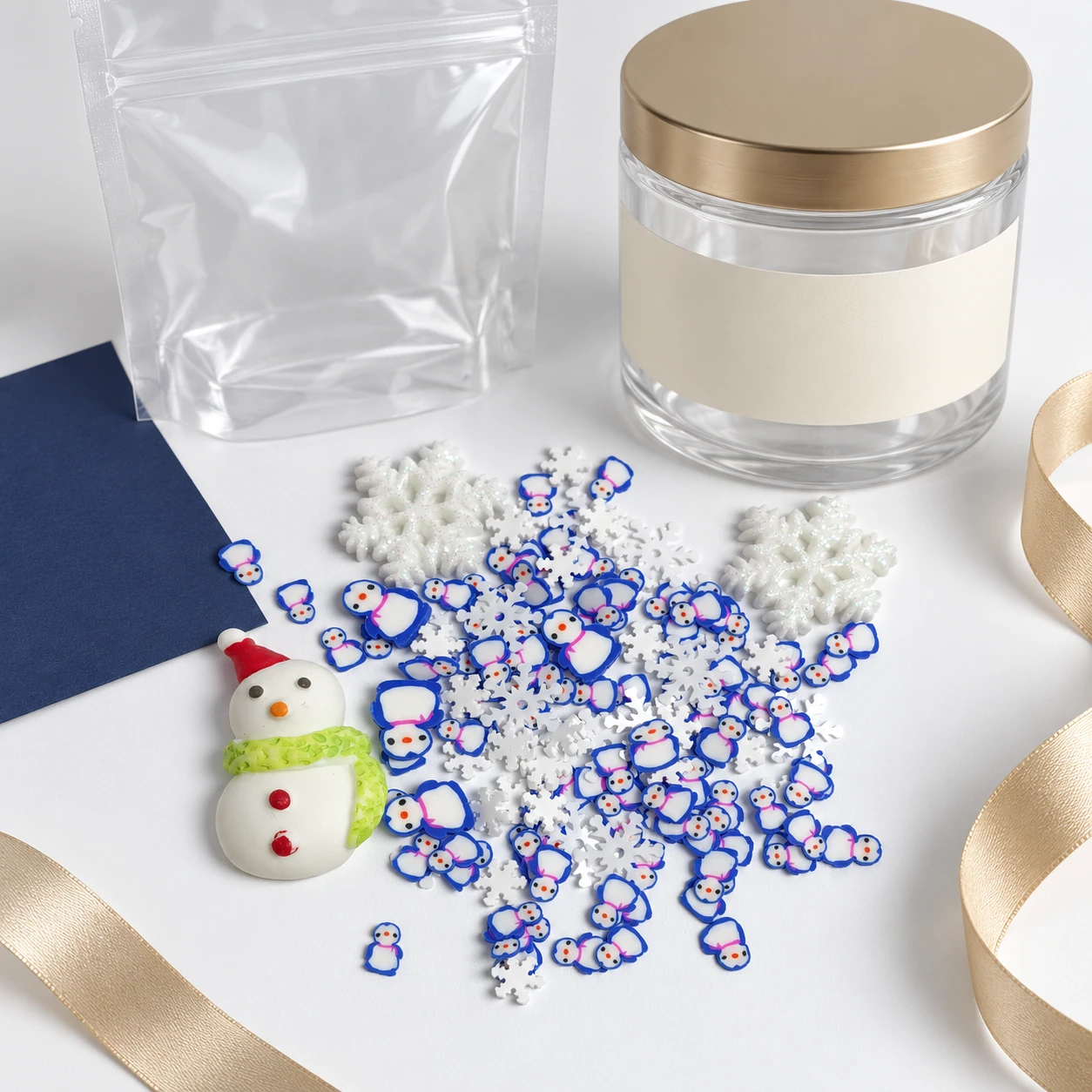 Snowman & Snowflake Filler Mix beside an empty pouch and jar in a private-label packaging concept, SLM20254
