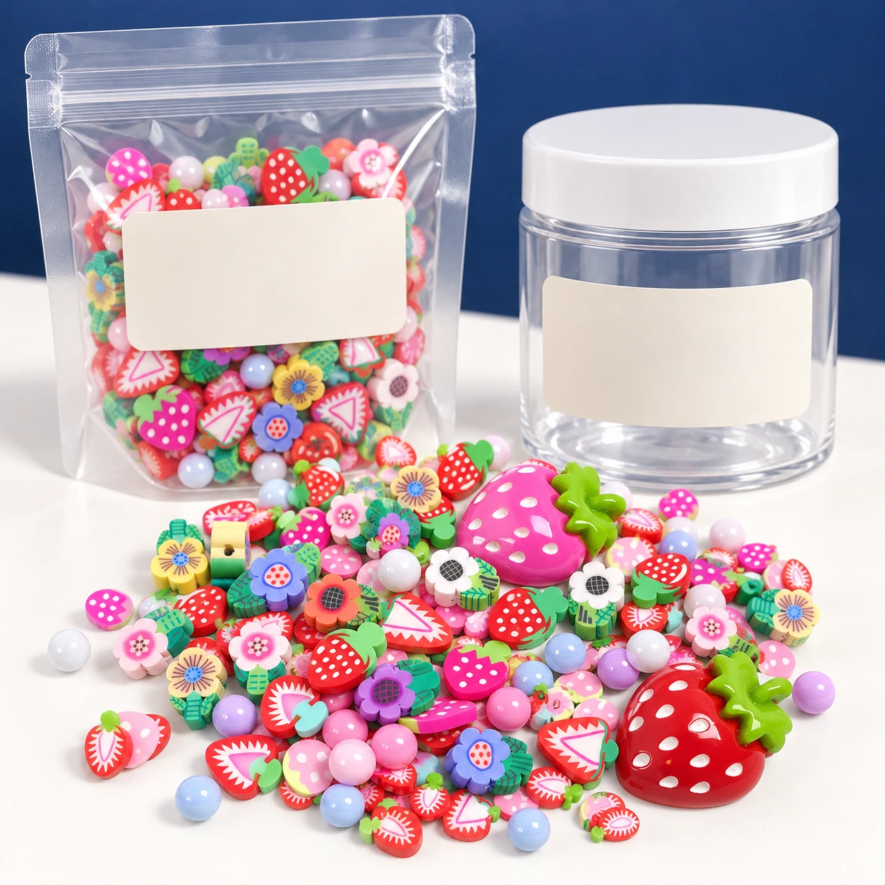 Strawberry flower filler mix with a clear pouch and sample jar illustrating private-label packaging, SLM26565