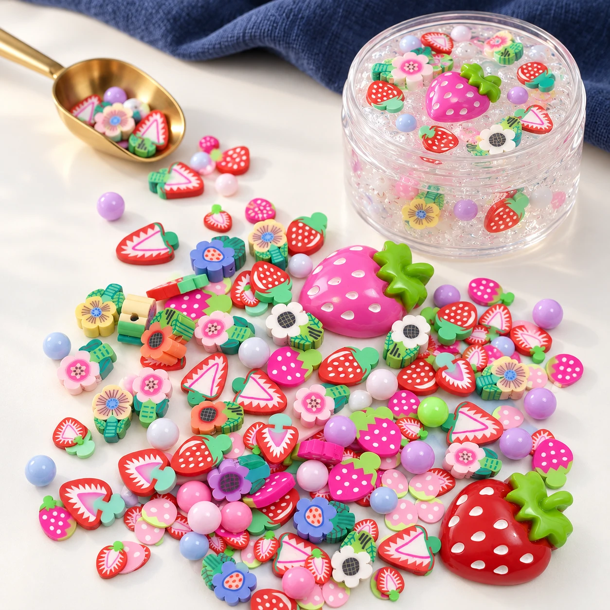 Strawberry flower filler mix beside a clear slime jar and gold scoop in a craft-workspace concept, SLM26565