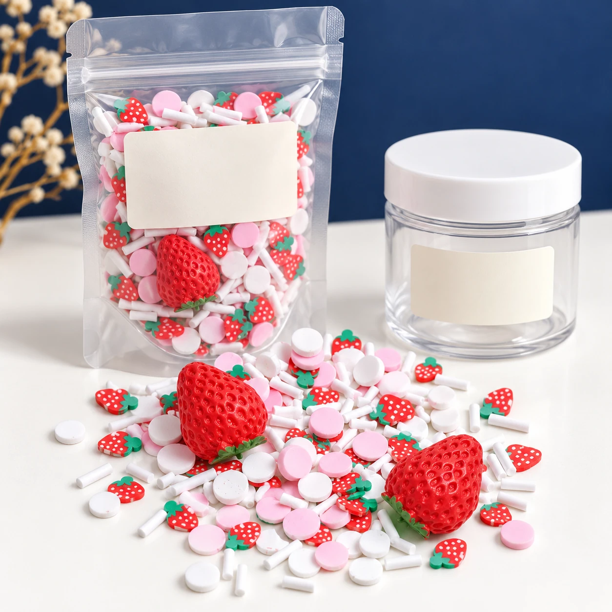 Strawberry & Pastel Sprinkle Filler Mix with a clear pouch and sample jar for private-label packaging, SLM26521