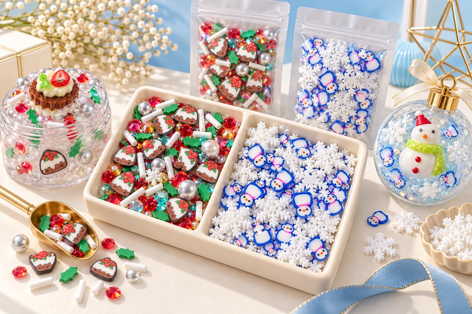 Fruit cake and snowman themed filler mixes with slime, dry shaker and sample-pack concepts