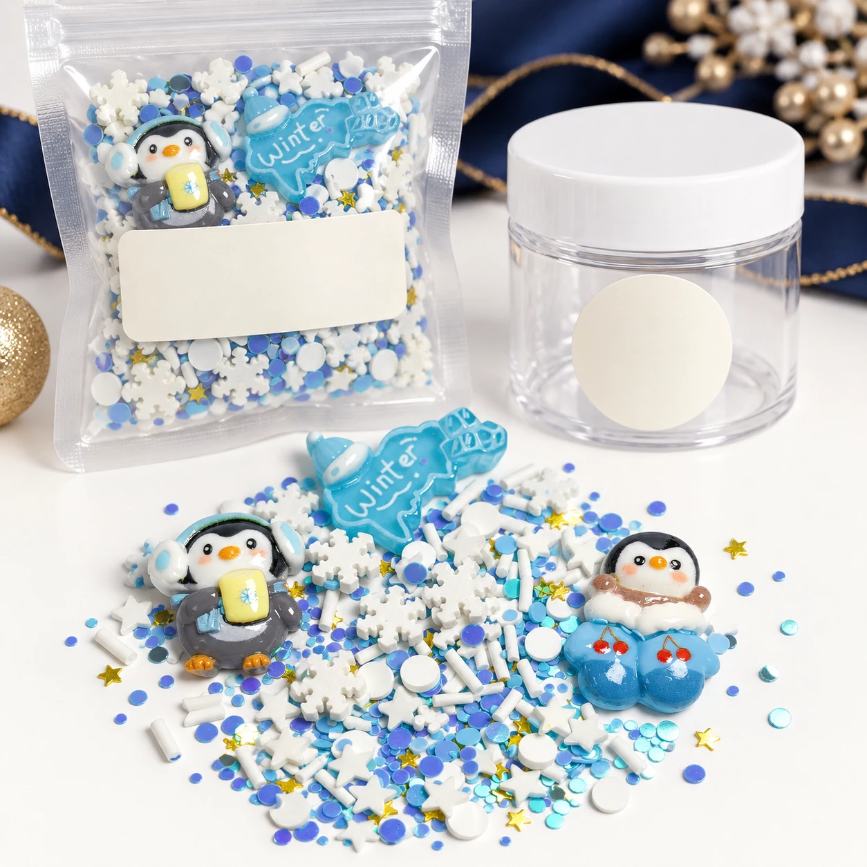 Winter Penguin Filler Mix with a clear pouch and sample jar for private-label packaging, SLM25907